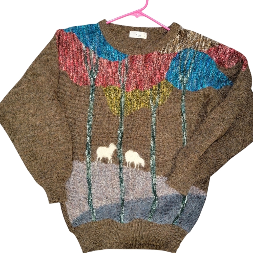 Vintage Cee Brown Colorful Tree and Sheep Sweater Wool Blend Sz M